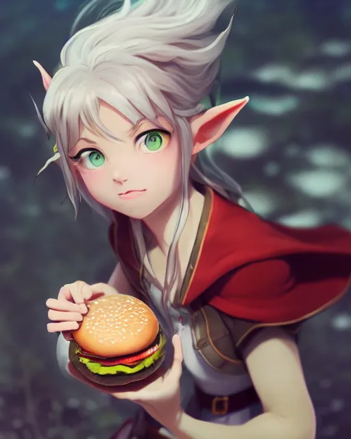 Image similar to adorable elf girl holding a burger, lord of the rings aesthetic, single subject, close centered shot of burger, ambient lighting, white hair, detailed face, by makoto shinkai, stanley artgerm lau, wlop, rossdraws