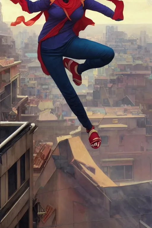 Image similar to A dynamic shot of Kamala Khan on a rooftop. MCU. masterpiece 4k digital illustration by Ruan Jia and Mandy Jurgens and Artgerm and greg rutkowski and Alexander Tsaruk and WLOP and william-adolphe bouguereau, award winning, Artstation, art nouveau aesthetic, Alphonse Mucha background, intricate details, realistic, panoramic view, Hyperdetailed, 8k resolution, intricate art nouveau