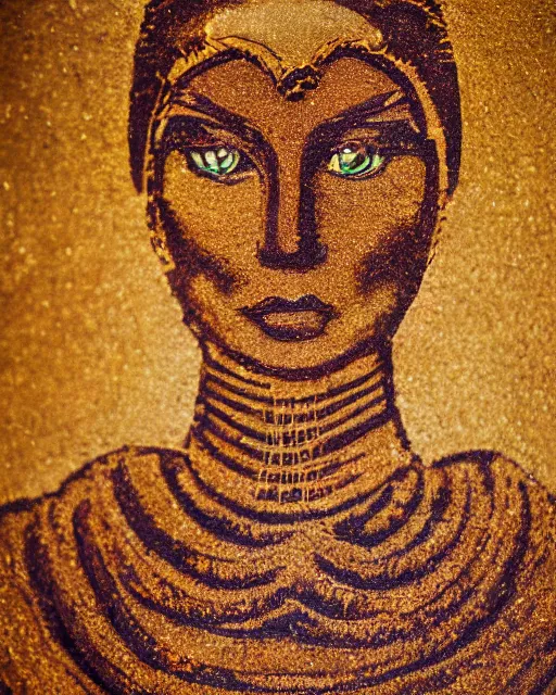 Image similar to sand painting portrait of woman in shining golden armor, high production value, intricate details, high resolution, hdr, high definition, masterpiece, realistic, ultrarealistic, highly detailed, hd, sharp focus, non blurry, sharp, smooth