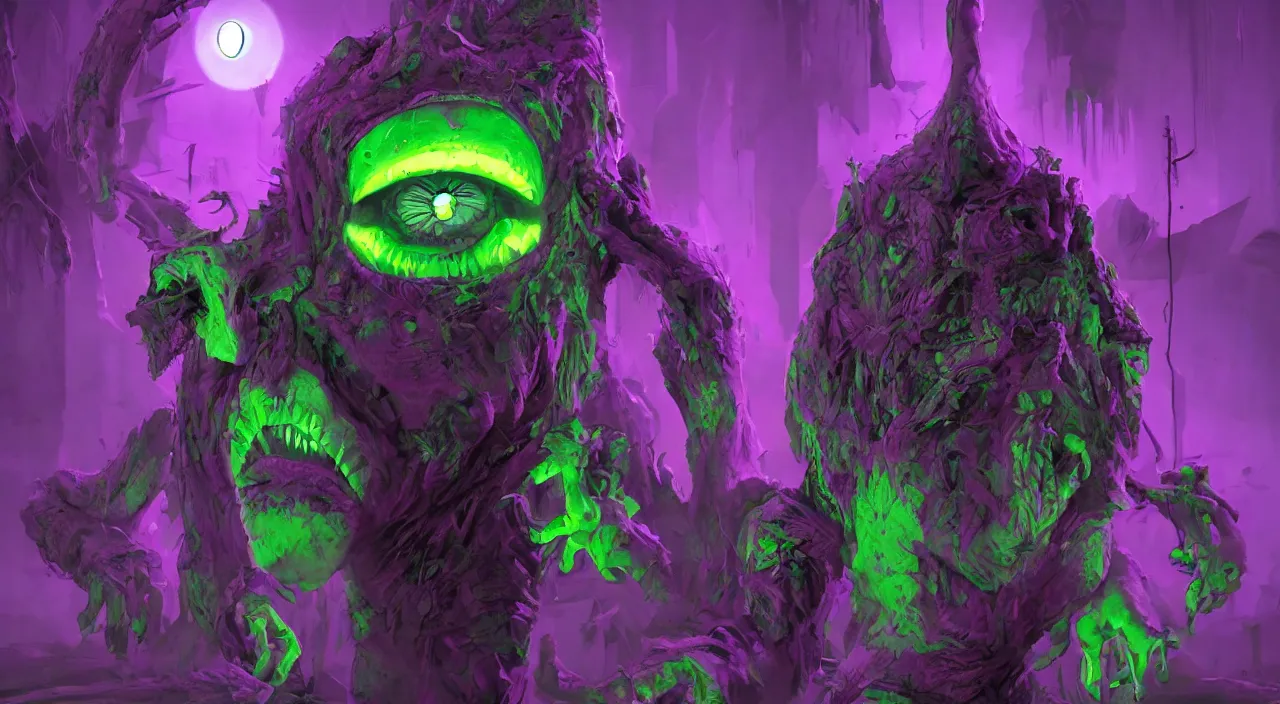 Image similar to purple ghoul, demonic creature, dark colors, bright green eyes, by Brock Hofer digital art, ArtStation GTA cover comics style, by James Gurney and beeple, global illumination, volume lighting, tone mapping