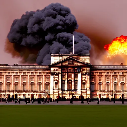 Image similar to photography of Buckingham palace collapsing in flames and dark smoke, VFX, cinematic, rule of thirds, golden ratio, evening