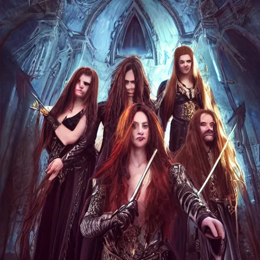 Image similar to Members of the symphonic metal band Epica, full body shot, fantasy, medieval, vivid colors, elegant, concept art, sharp focus, beautiful face, digital art, Hyper-realistic, 4K, Unreal Engine, Highly Detailed, HD, Dramatic Lighting by Brom, trending on Artstation