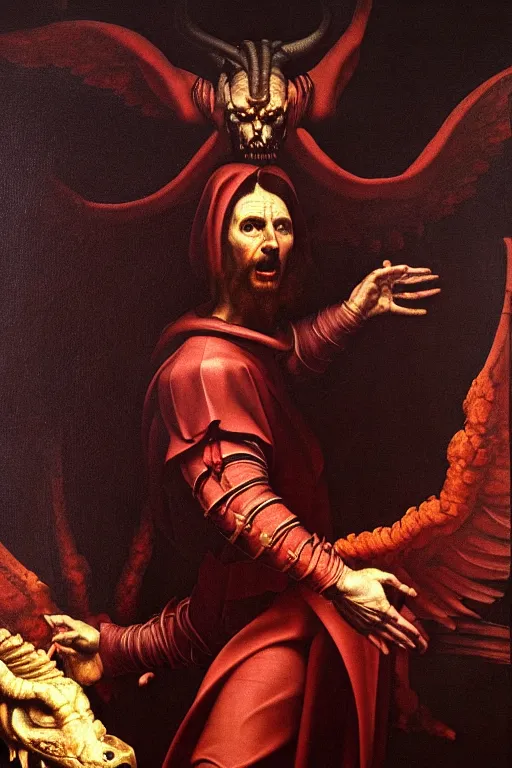 Image similar to portrait of diablo stepping forth from a demonic portal, oil painting, high detail, dark lighting, atmospheric, extremely detailed, intricate, da vinci, michelangelo, caravaggio, hans holbein, raphael, donatello, 8 k