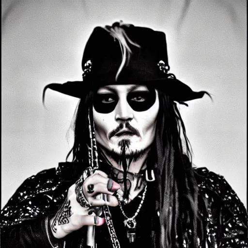 Image similar to portrait of johnny depp as a goth metal band member, symmetrical, nikon 3 5 mm photography, ultrarealistic