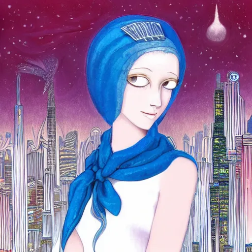 Prompt: A beautiful digital art of a young woman with big blue eyes. She has long lashes and a small mouth. Her hair is pulled back in a bun with a few stray hairs falling down. She's wearing a white dress with a blue sash and a blue scarf around her neck. In the background is a cityscape with tall buildings. by Kay Nielsen bold