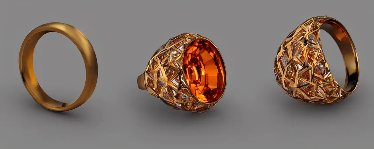 Image similar to simple tungsten magic crystal ring, radiant cut, fire, orange, gold, smooth shank, crystal, engravings, diamonds, product design, jewelry, colorful, art by gerald brom, greg rutkowski and artgerm, photo realism, unreal engine, c 4 d