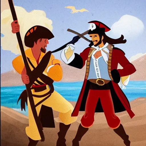 Prompt: a pirate fighting with a Disney Prince