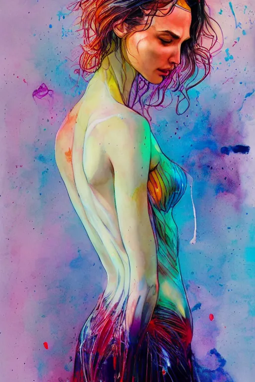 Image similar to gal gadot by agnes cecile enki bilal moebius, intricated details, 3 / 4 back view, full body portrait, extremely luminous bright design, pastel colours, drips, autumn lights