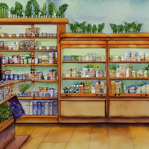Image similar to bustling busy small shop shelves neat cannabis samples interior design, aussie, environment portrait watercolor drawing by steve hanks, australia tv still render by pixar