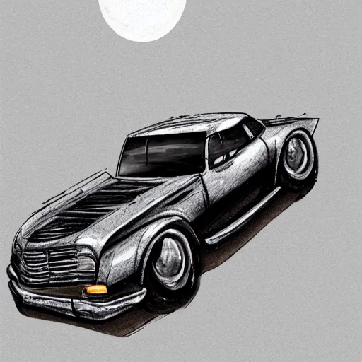 Prompt: car driving up mountain at night with moon in the sky, desert, old car, sketch, concept art, fantasy, intricate, highly detailed, digital painting, elegant