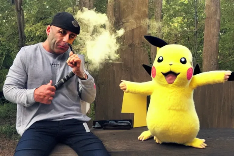 Image similar to joe rogan smoking weed with pikachu