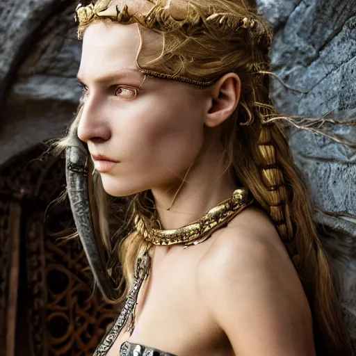 Image similar to portrait of a stunningly beautiful medieval norse maiden, depth of field, zeiss lens, detailed, symmetrical, centered, fashion photoshoot, by Annie Leibovitz and Steve McCurry, David Lazar, Jimmy Nelsson, Breathtaking, 8k resolution, extremely detailed, beautiful, establishing shot, artistic, hyperrealistic, beautiful face, octane render