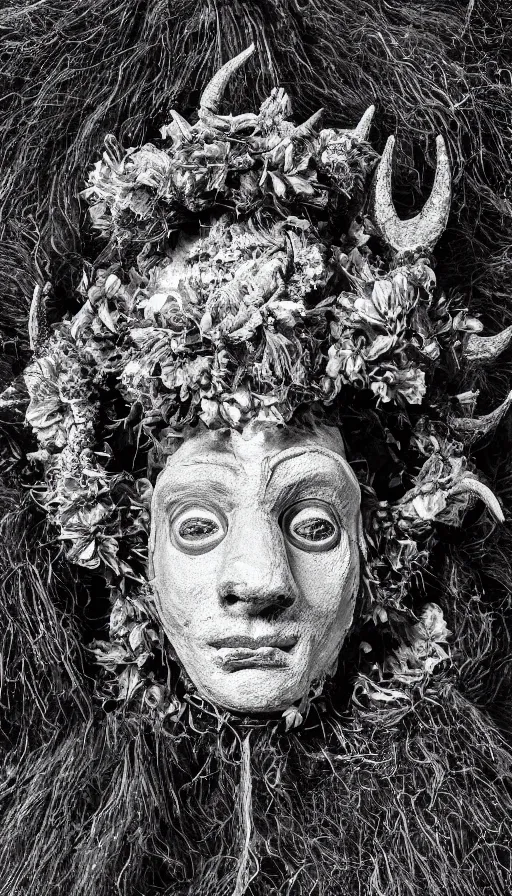 Image similar to portrait of a tyrolean folklore mask, wearing hay coat, with horns, eerie, flowers growing out of his body, detailed intricate insanely detailed octane render, 8k artistic 1920s photography, black and white, grainy, photorealistic, chiaroscuro, by David Cronenberg, Raphael, Caravaggio