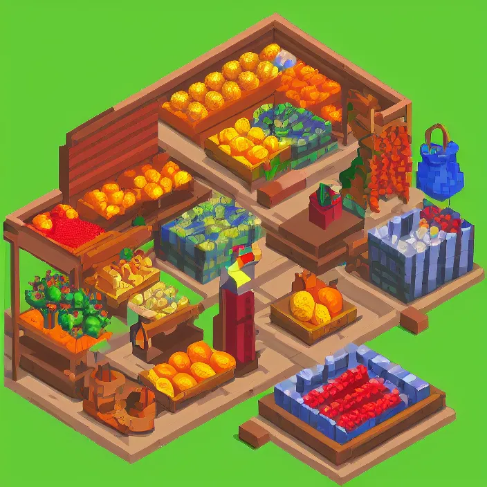 Image similar to isometric pixel art of a small medieval market stall selling fruits