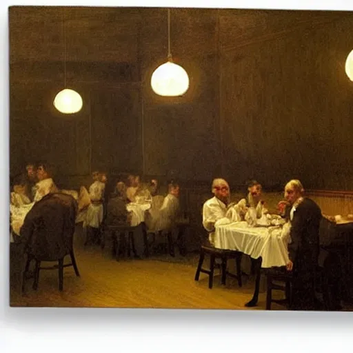 Image similar to ice cream parlor ( 1 8 5 0 ). the room is dimly lit with a one flickering lightbulb. the ice cream case has leaked runny ice cream onto the floor, the shape of the leak is reminiscent of werewolf fangs. there is an eerie blue electric glow. by thomas eakins