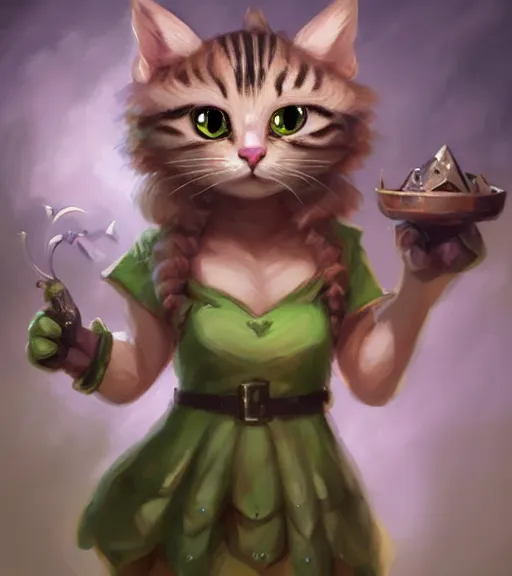 Image similar to cute little anthropomorphic Cat with big green eyes in summer dress, tiny, small, short, outfit, cute and adorable, pretty, beautiful, DnD character art portrait, matte fantasy painting, DeviantArt Artstation, by Jason Felix by Steve Argyle by Tyler Jacobson by Peter Mohrbacher, cinematic lighting