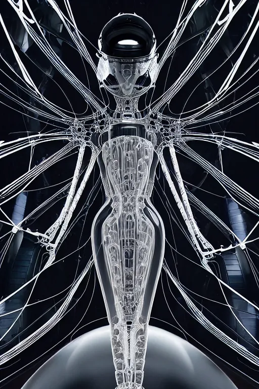 Image similar to background space station, black inflateble dress iris van herpen positing on floor, helmet instead of a head, perfect symmetrical, full body shot, inflateble shapes, wires, tubes, veins, jellyfish, white biomechanical details, wearing epic bionic implants, masterpiece, intricate, biopunk, vogue, highly detailed, artstation, concept art