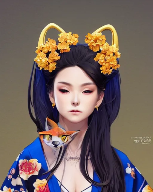 Image similar to Ssunbuki as a woman with fox ears and a royal blue kimono with gold flowers, Yakuza, portrait, visualartzi, korean, concept art by Karla Ortiz, James Paick, Charlie Bowater, Krenz Cushart, highly detailed, ultra detailed, ultra realistic, trending on artstation, cgstudio