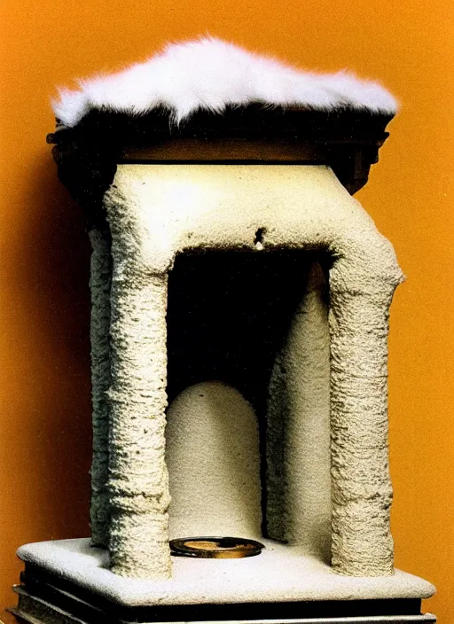Image similar to realistic photo of a a medieval temple astronomy appliance pump, made of mustard wood white clay fluffy fur black plastic 1 9 9 0, life magazine photo, natural colors, museum collection