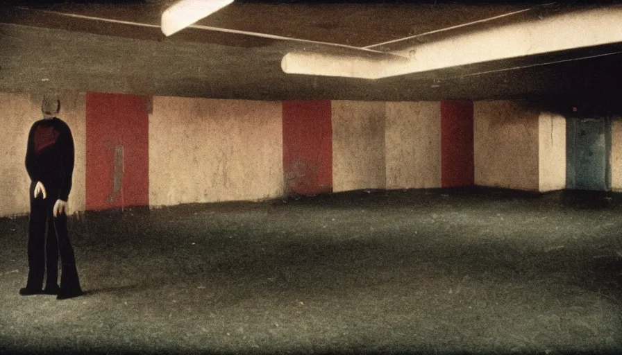 Image similar to 7 0 s film still from a horror movie with one person standing omniously in an abandoned bowling alley, kodachrome, cinecolor, cinestill, photorealism, cinematic, film grain, film texture, vhs recording