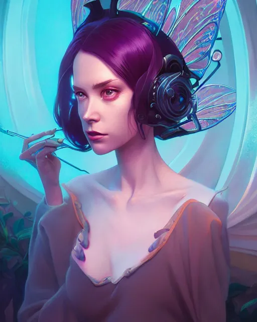 Image similar to highly detailed surreal vfx portrait of a cyber noir fairy, stephen bliss, unreal engine, greg rutkowski, loish, rhads, beeple, makoto shinkai and lois van baarle, ilya kuvshinov, rossdraws, tom bagshaw, alphonse mucha, global illumination, detailed and intricate environment