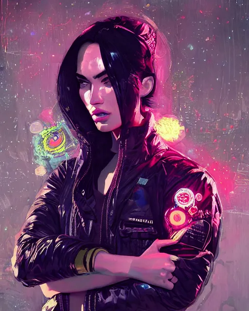 Image similar to detailed portrait Megan Fox Neon Operator Girl, cyberpunk futuristic neon, reflective puffy coat, decorated with traditional Japanese ornaments by Ismail inceoglu dragan bibin hans thoma greg rutkowski Alexandros Pyromallis Nekro Rene Maritte Illustrated, Perfect face, fine details, realistic shaded, fine-face, pretty face