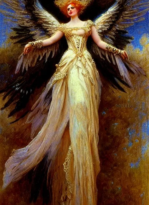Image similar to vertical prtrait of an angel knight gothic girl, baroque dress. by gaston bussiere
