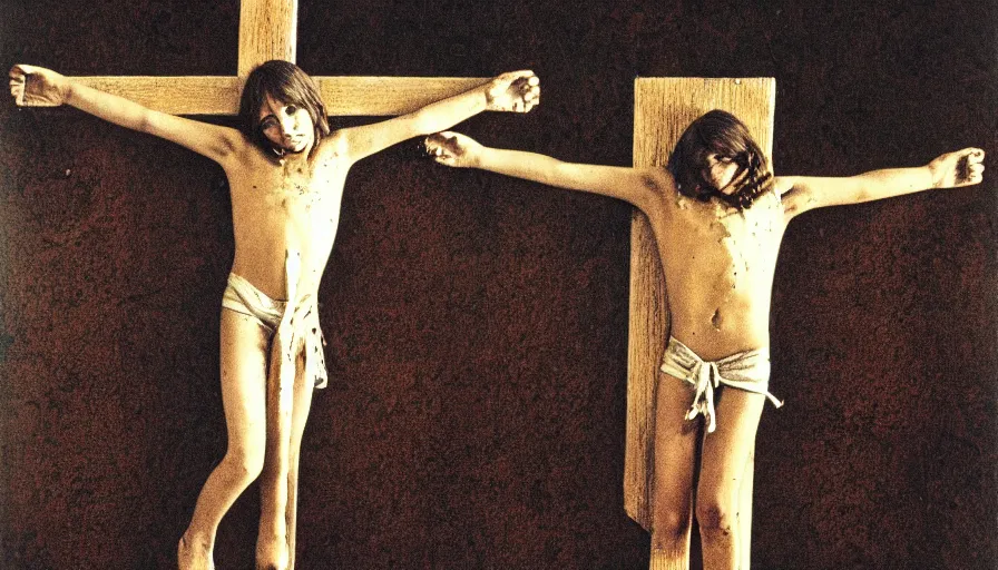 Image similar to 7 0 s film still from a horror movie about crucified children, kodachrome, cinecolor, cinestill, film grain, film texture, retro, cinematic, high resolution, photorealism,