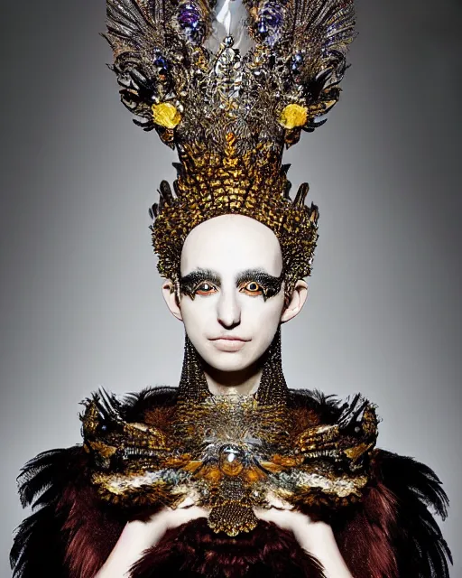 Image similar to a fantasy owl queen, beauty portrait, opulent costume inspired by iris van herpen