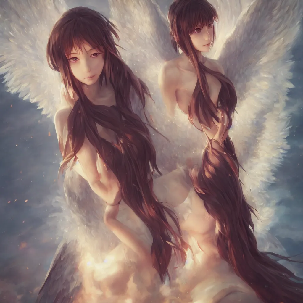 Image similar to an oil painting of a beautiful anime girl with angel wings, by artgerm, wlop and greg rutkowski, hd, hdr, ue 5, ue 6, unreal engine 5, cinematic 4 k wallpaper, 8 k, ultra detailed, high resolution, artstation, award winning