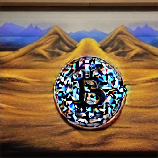 Image similar to a mountain made out of computer screens that display bitcoin logos, cinematic, post - apocalyptic landscape, harsh contrast lighting, in the style of surrealism, made by salvador dali