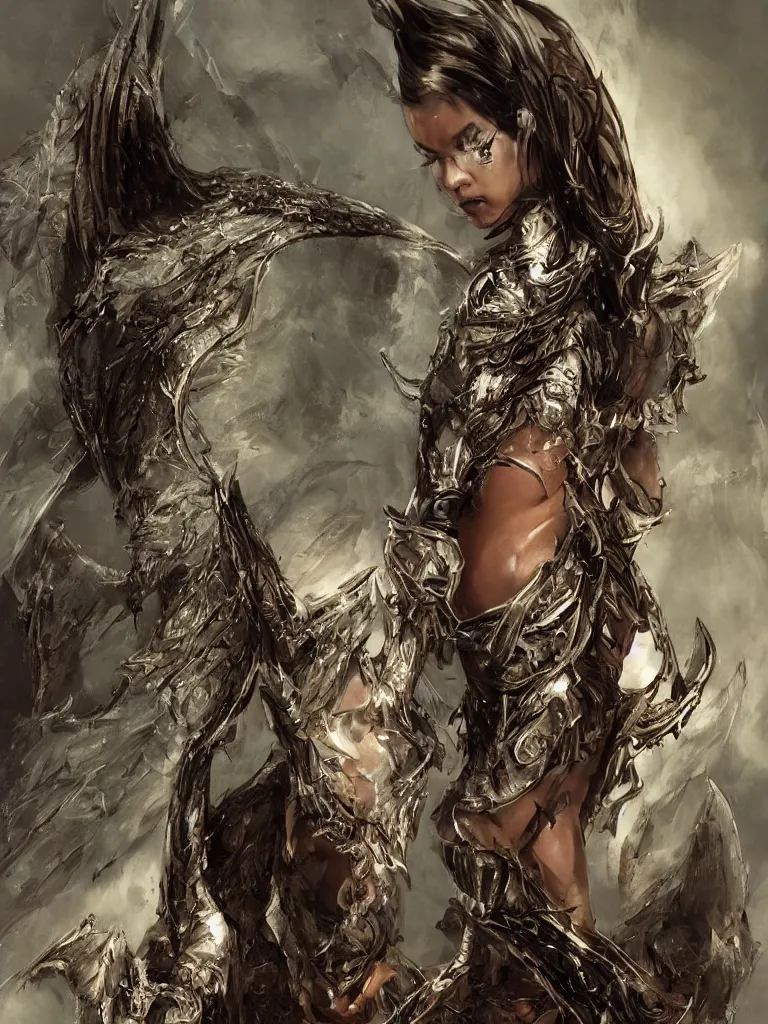 Image similar to 8K render! beautiful Adriana Lima in Skyrim MOD Angel Armor, wings wide opened , whole body heavily covered in elfish tattoos , intricate, elegant, highly detailed, digital painting, artstation, wallpaper!, concept art, smooth, sharp focus, high fantasy illustration, art by artgerm and Vasylina, and Peter Andrew Jones