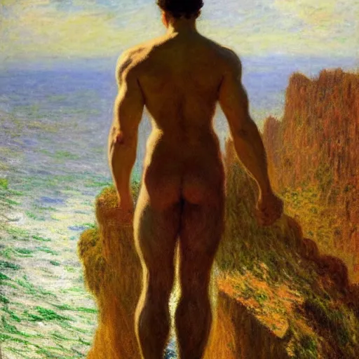 Image similar to an attractive male standing on a cliff, clothed!!!!, looking out at the ocean, by gaston bussiere, craig mullins, j. c. leyendecker, claude monet