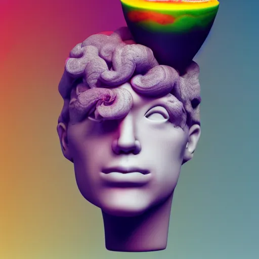 Image similar to a 3 d white marble human head holding a coctail, colorful coctail, digital illustration, 3 d render, amazing detail