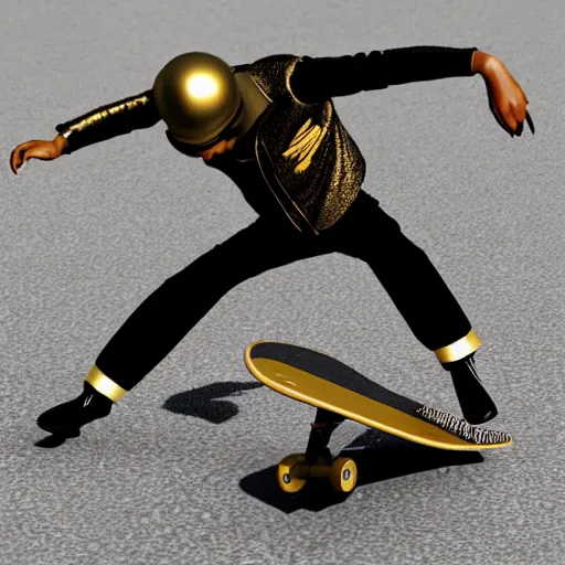 Prompt: a black goose using a gold jacket in dynamic pose doing a no comply skateboard trick 3 d render clay material high detail