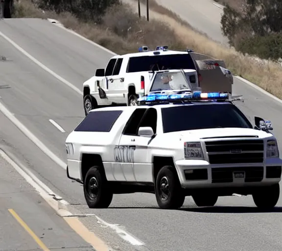 Prompt: close up photo donald trump driving white suv, freeway, police cars, ap news photo