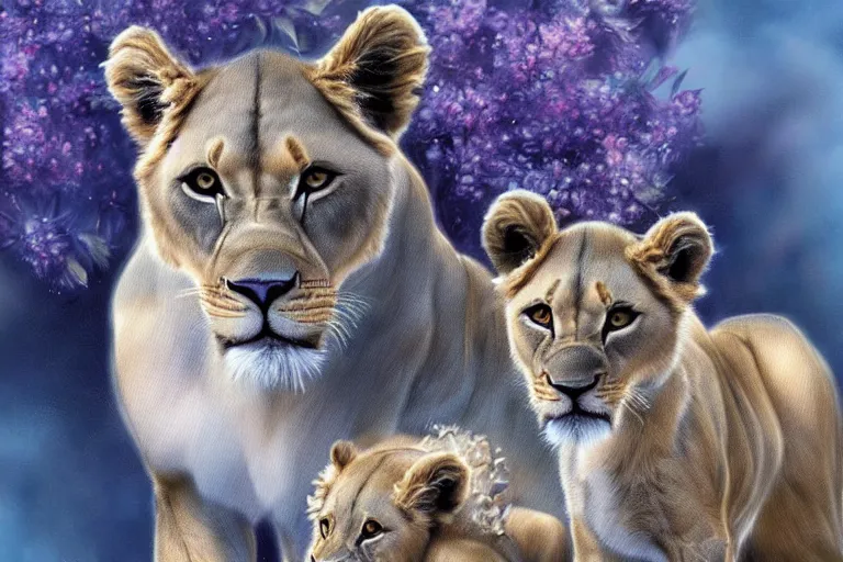 Prompt: beautiful aesthetic digital illustration of a blue-furred lioness with a litter of baby cubs by Lisa Parker and Anne Stokes, deviantArt, artstation, trending on artstation