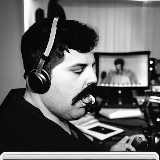 Prompt: obese Freddie Mercury wearing a headset yelling at his monitor while playing WoW highly detailed wide angle lens 10:9 aspect ration award winning photography by David Lynch esoteric erasure head