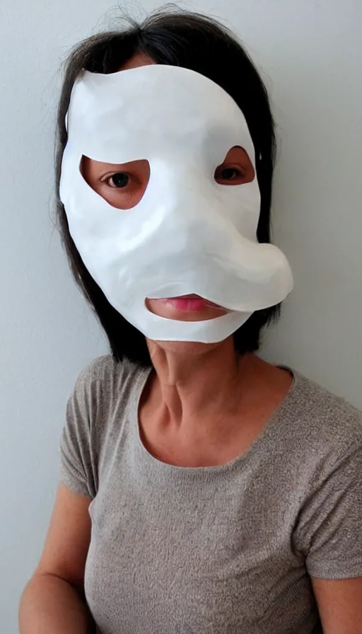 Image similar to a woman with a plastic mask on her face, trending on pinterest, plasticien, biomorphic, made of plastic