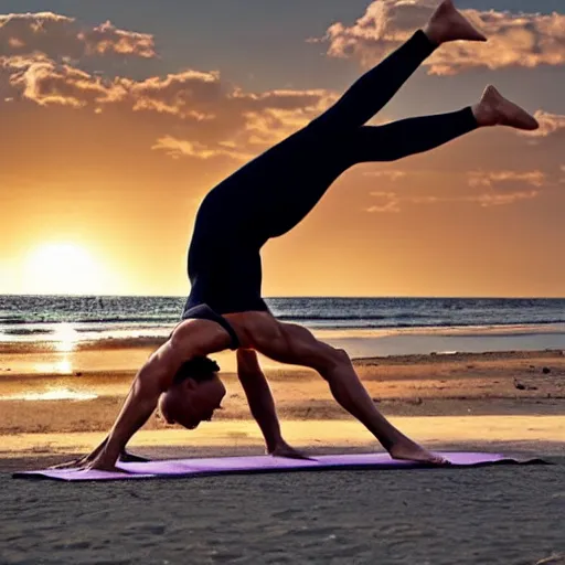 Prompt: arnold schwarzenegger doing yoga on a beach, 8 k hyper realistic