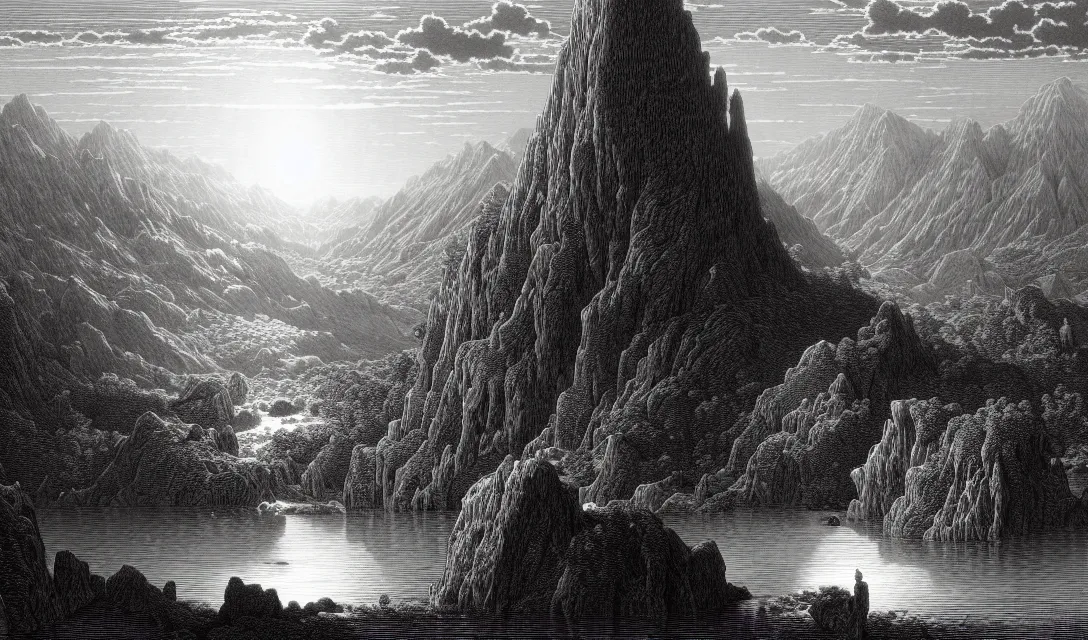 Image similar to a beautiful landscape. engraving by gustave dore, kentaro miura. extremely high details, masterpiece, artstation contest winner