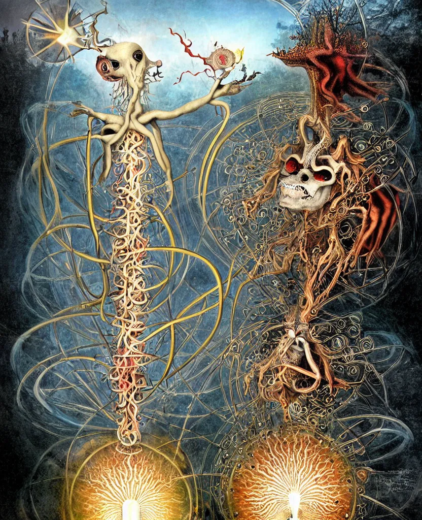 Image similar to whimsical freaky creature sings a unique canto about'as above so below'being ignited by the spirit of haeckel and robert fludd, breakthrough is iminent, glory be to the magic within, painted by ronny khalil