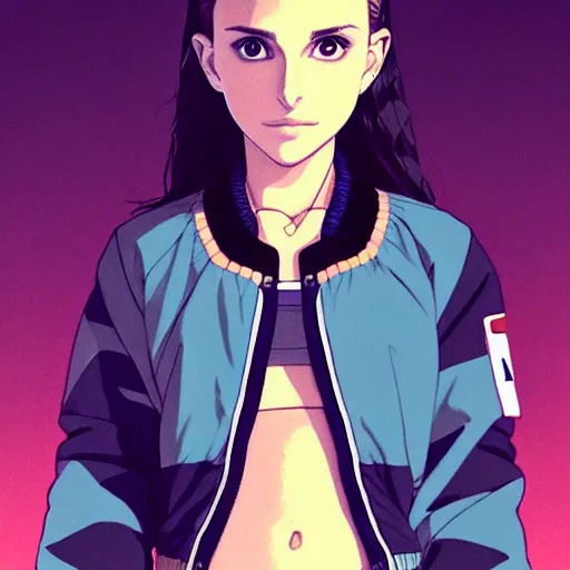 Image similar to a beautiful! boyish! natalie portman alluring gravure! model, wearing oversized aztec bomber jacket and leotard, poofy bomber jacket with mayan patterns, gapmoe yandere grimdark, trending on pixiv fanbox, painted by greg rutkowski makoto shinkai takashi takeuchi studio ghibli, akihiko yoshida