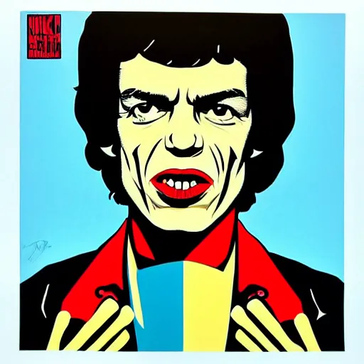 Prompt: individual youthful mick jagger silk screen butcher billy style