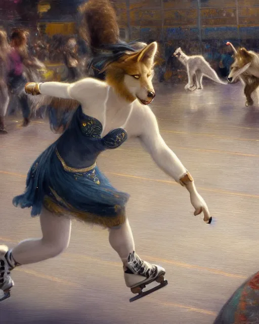 Image similar to an athletic white female anthro wolf skating at a roller derby, 4 k, furaffinity, fursona, trending on artstation, energetic, speed, motion blur, by gaston bussiere, craig mullins, sakimichan, gustav klimt, artgerm, greg rutkowski, alphonse mucha