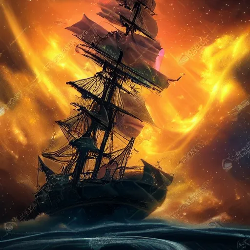 Prompt: a beautiful galleon ship floating in space nebula clouds, highly detailed space scene, ultra realistic, sharp focus, cinematic