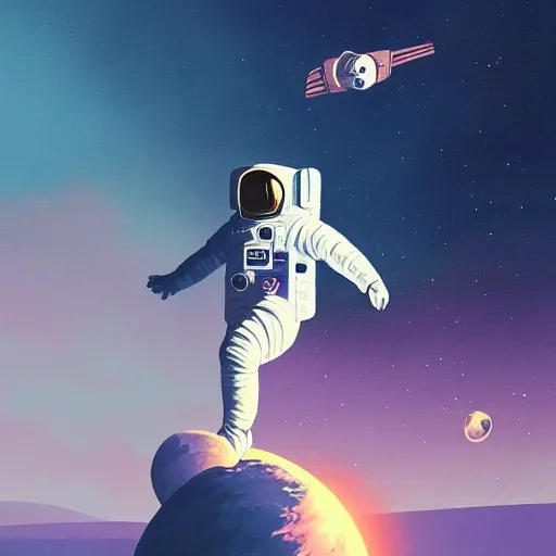 Image similar to a painting of an astronaut floating in space, poster art by mike winkelmann, behance contest winner, space art, sci - fi, poster art, 2 d game art