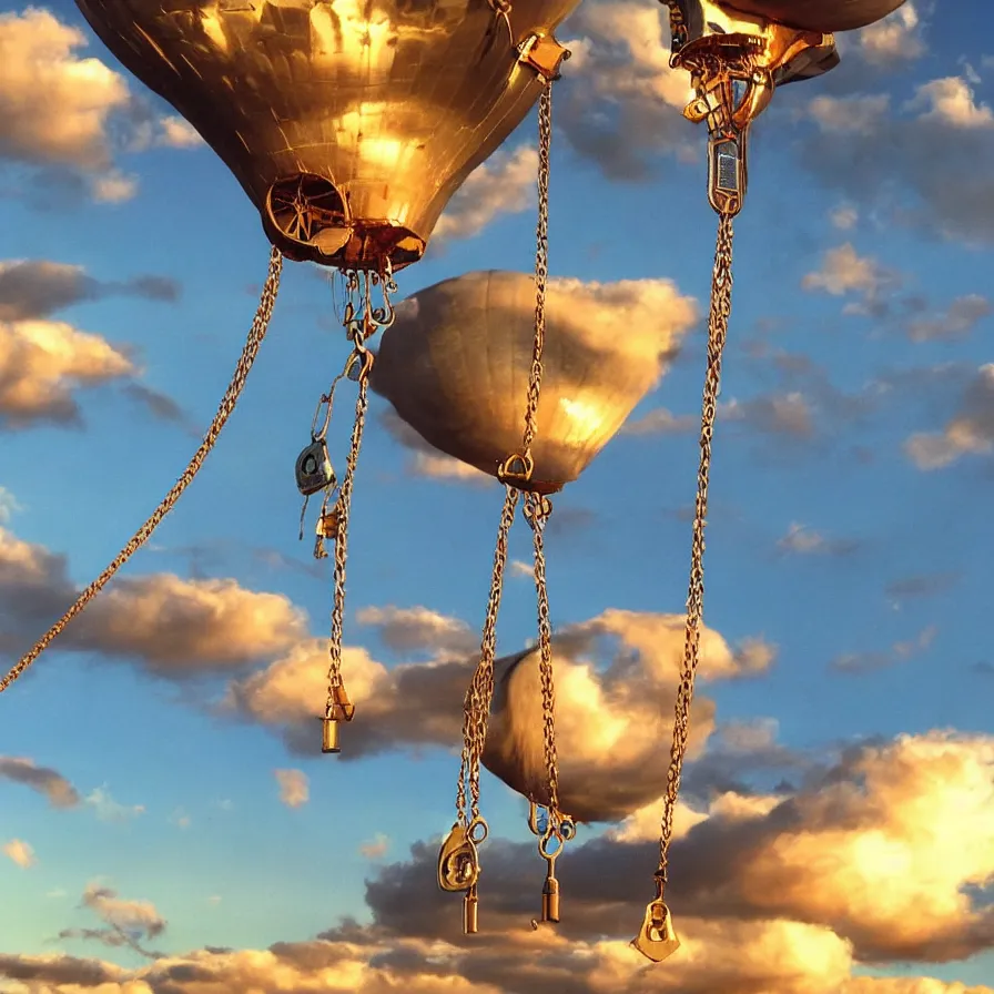 Image similar to beautiful blimps! high in the sky, copper chains hanging from the edges, ( ( steampunk styled ) ), golden hour, steam clouds, clouds, award winning photography, highly detailed, low poly, extremely wide angle