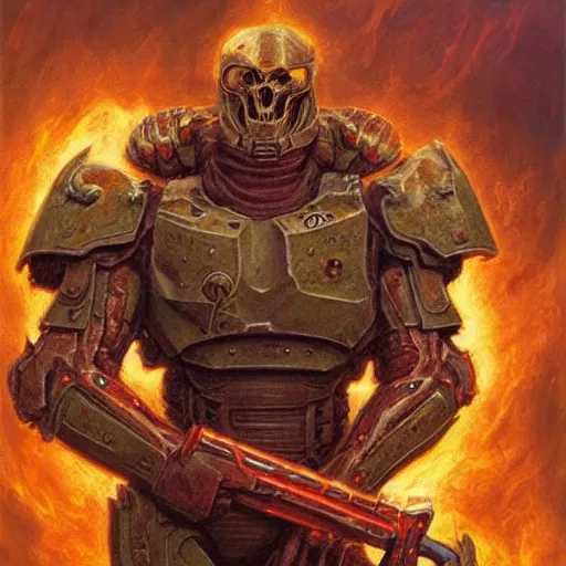 Prompt: The Doomguy fighting demons in hell, full-body character art by Donato Giancola and James Gurney, digital art, trending on artstation