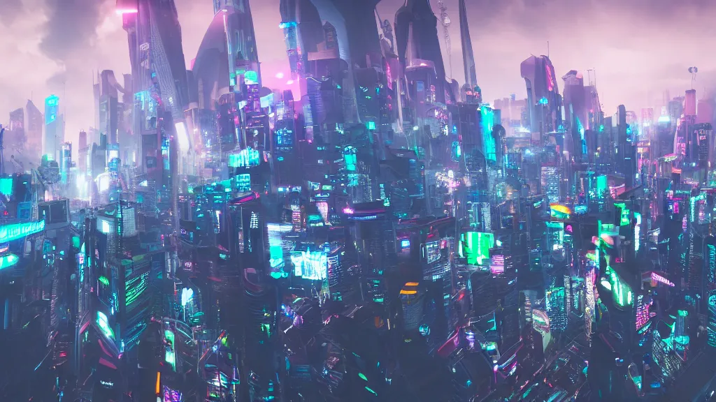 Prompt: cyberpunk city built in the sky, atop clouds, fluorescent led, made in blender, octane render, cinematic, volumetric lighting, futuristic,, hyperrealistic, highly detailed, colourful 4 k hd